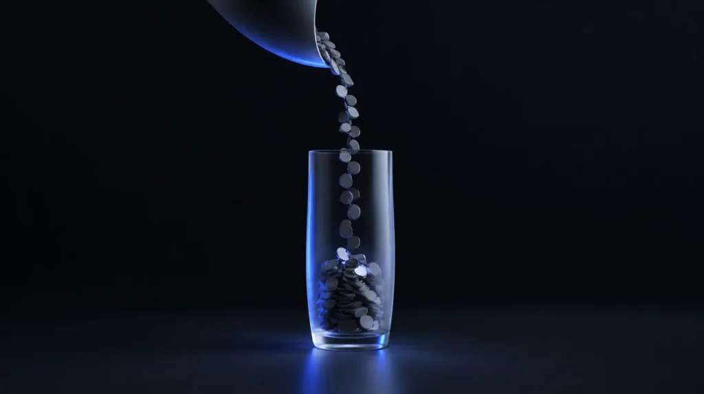 AI-generated illustration: coins pouring into a glass vessel
