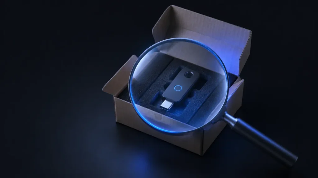 AI-generated illustration: hardware security device in a shipping box under a magnifying glass