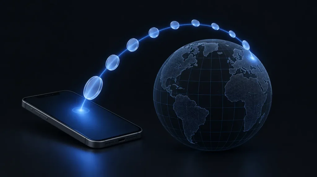 AI-generated illustration: smartphone sending a stream of tokens across a globe