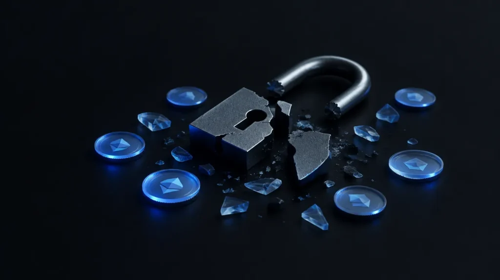 AI-generated illustration: broken padlock among digital tokens