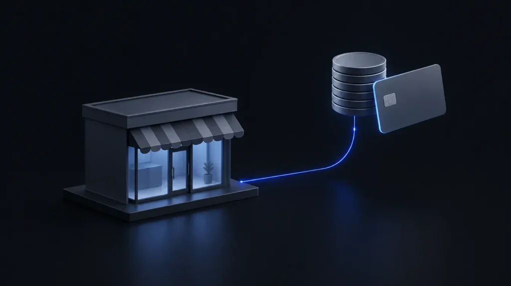 AI-generated illustration: small storefront linked to a stack of coins and a blank card