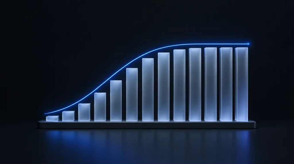 AI-generated illustration: glass bar chart rising then flattening
