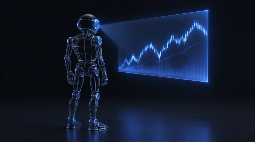 AI-generated illustration: hollow wireframe robot in front of a projected chart