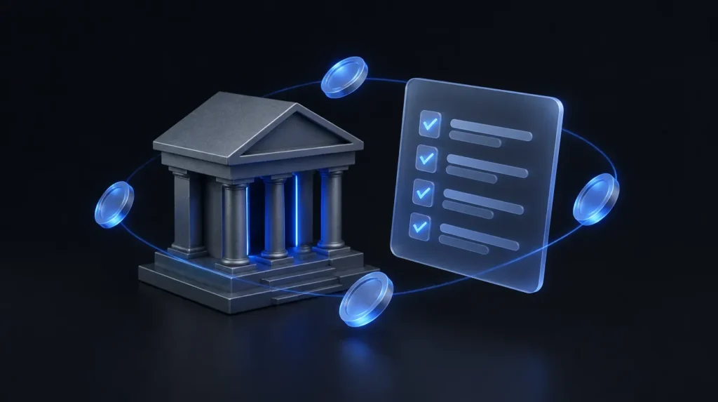 AI-generated illustration: bank building model beside a report form with orbiting tokens