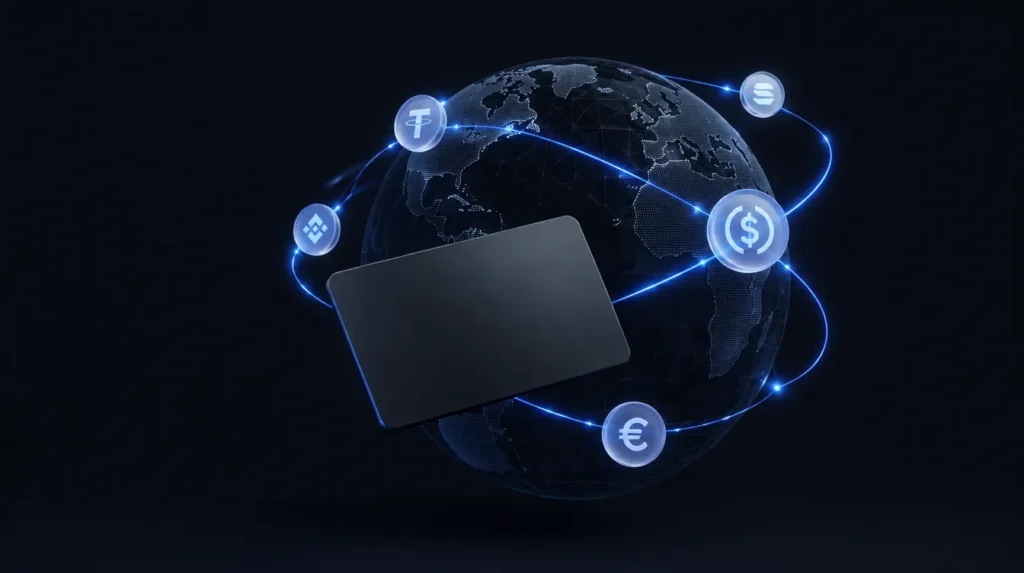 AI-generated illustration: blank corporate card with token routes around a globe