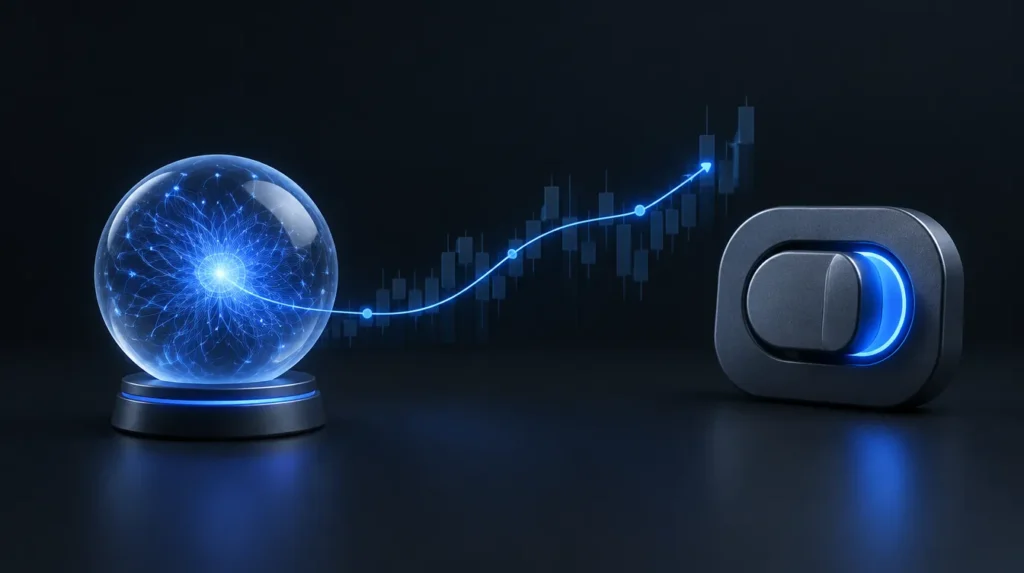 AI-generated illustration: AI sphere proposing a chart path next to an approval switch
